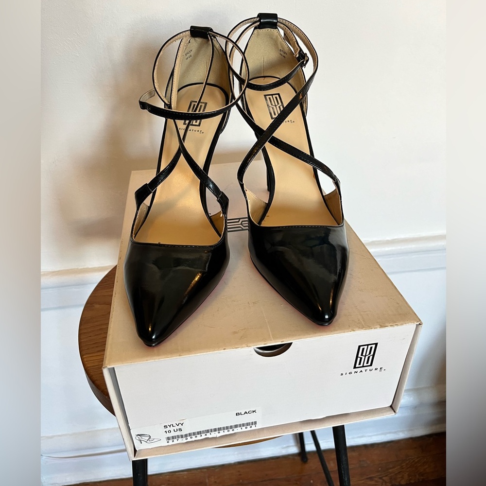 Sylvy Ankle Strap Black Heel by Signature, Size 10M